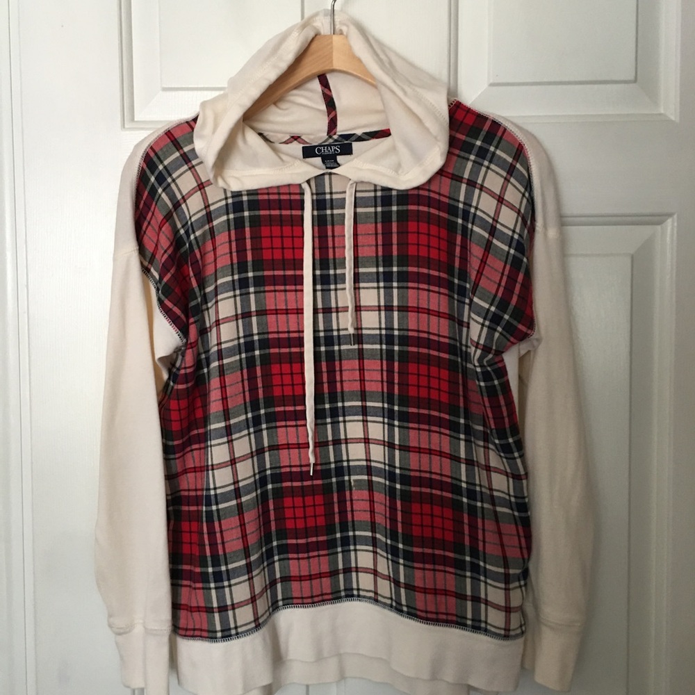 Chaps Women Pullover Hoodie Plaid Check Long Sleeve Cotton Size S/P Lightweight.